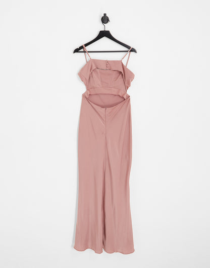 ASOS DESIGN Bridesmaid strappy satin cami maxi dress with cowl front in toffee