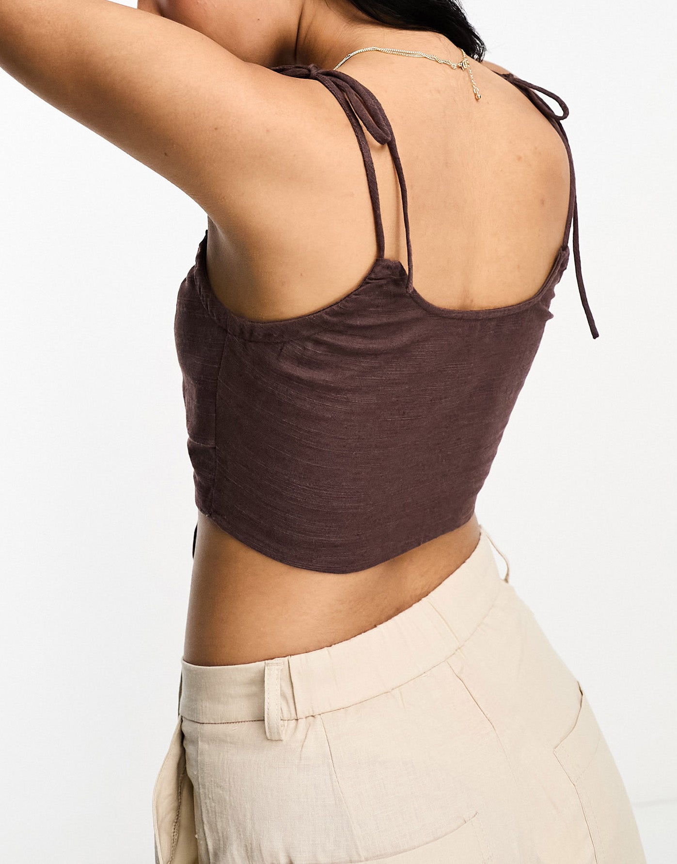 ASOS DESIGN ruched keyhole strappy crop top with tie shoulder detail in chocolate