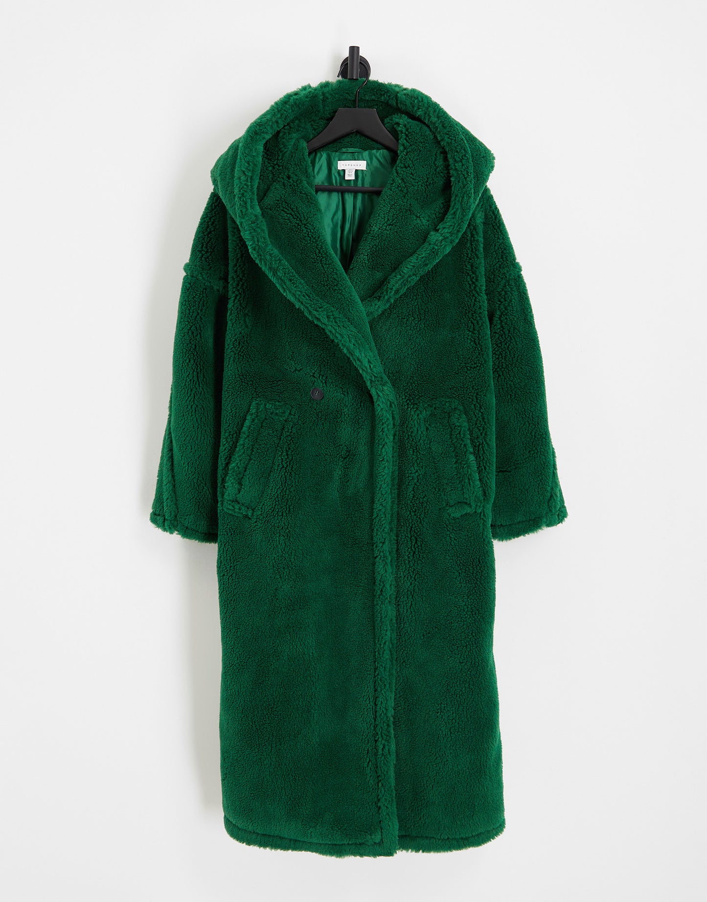 Topshop hooded borg coat in green