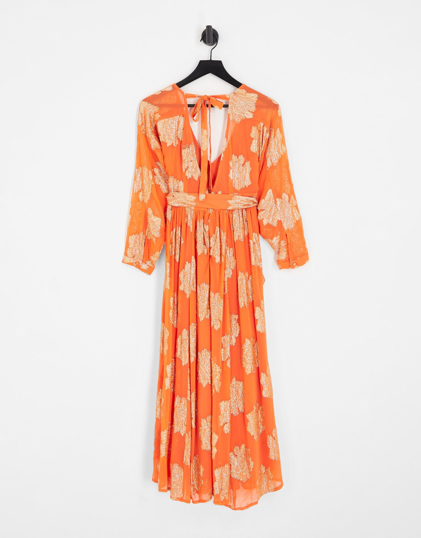 ASOS DESIGN Petite belted batwing maxi tea dress in orange metallic jacquard