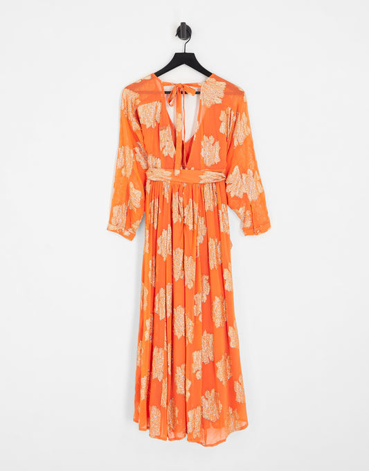 ASOS DESIGN Petite belted batwing maxi tea dress in orange metallic jacquard