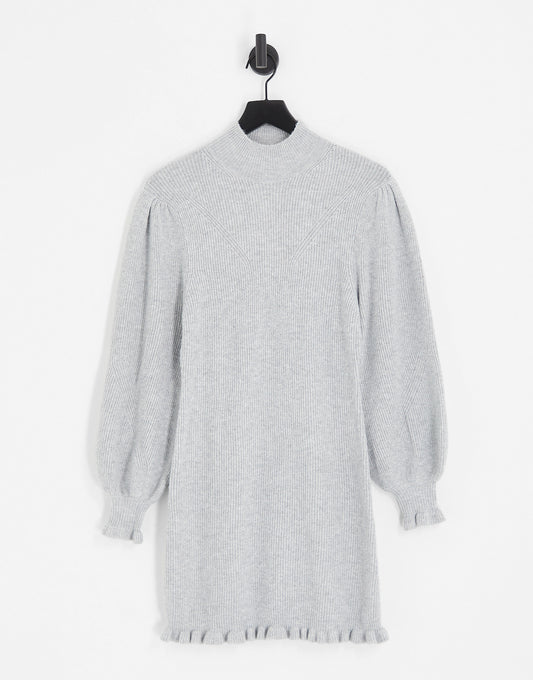 Miss Selfridge puff sleeve frill hem knit dress in grey marl