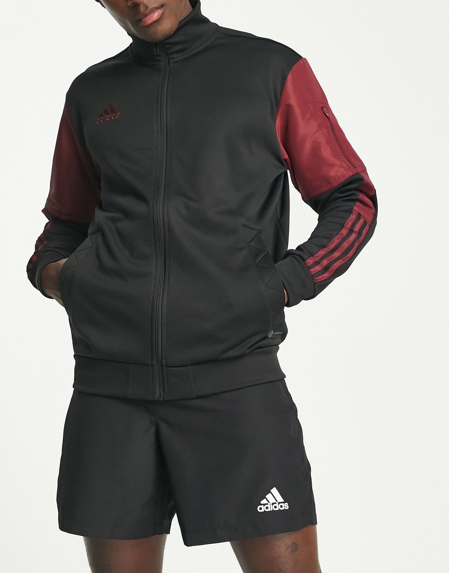 adidas Football Tiro panelled track jacket in black and burgundy