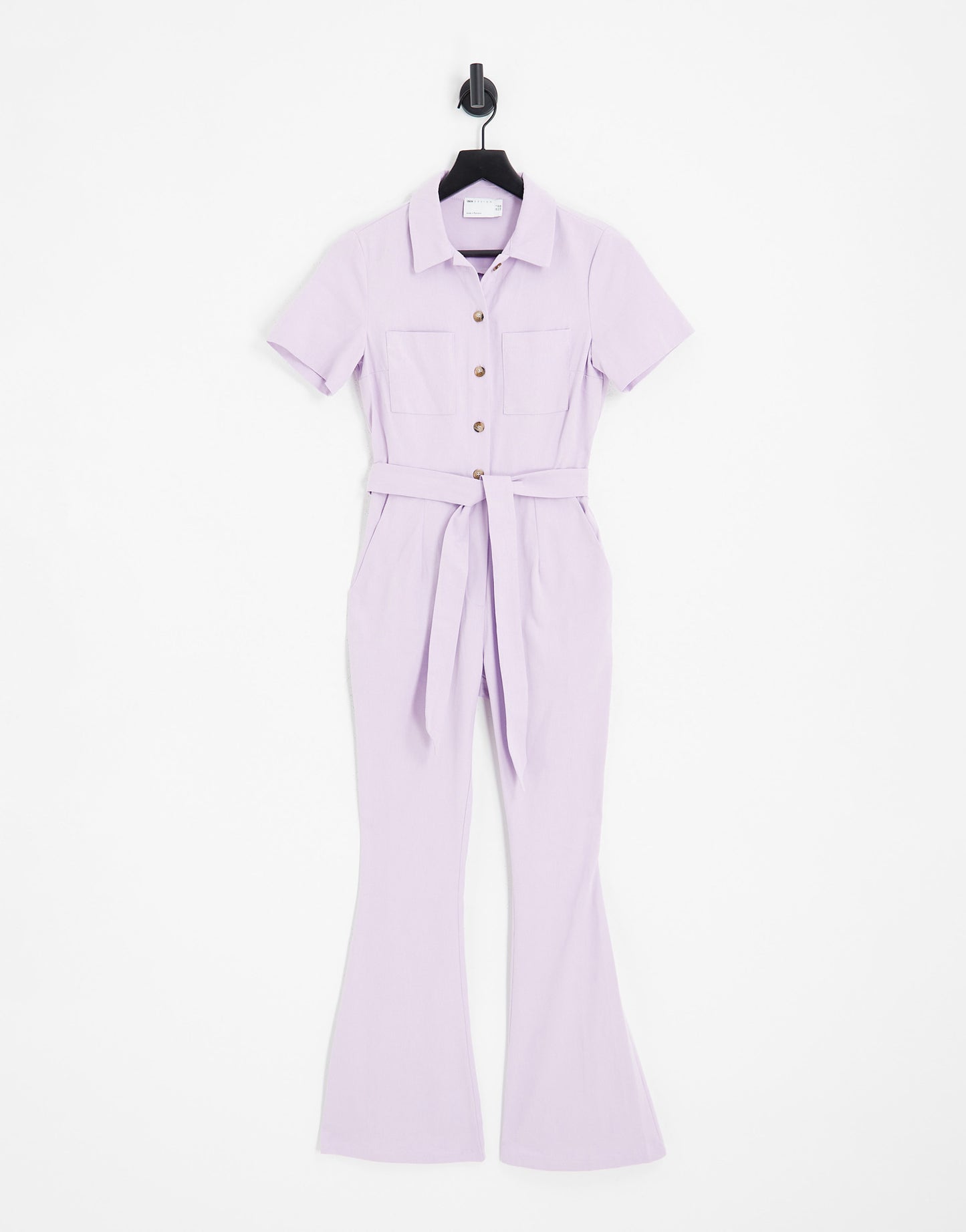 ASOS DESIGN twill 70s kickflare boilersuit in lilac