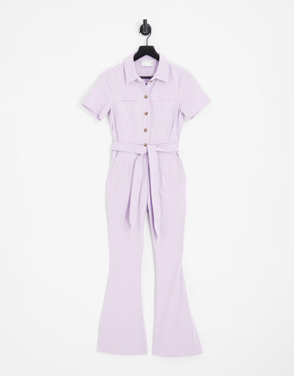 ASOS DESIGN twill 70s kickflare boilersuit in lilac