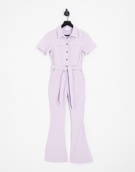 ASOS DESIGN twill 70s kickflare boilersuit in lilac