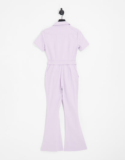 ASOS DESIGN twill 70s kickflare boilersuit in lilac