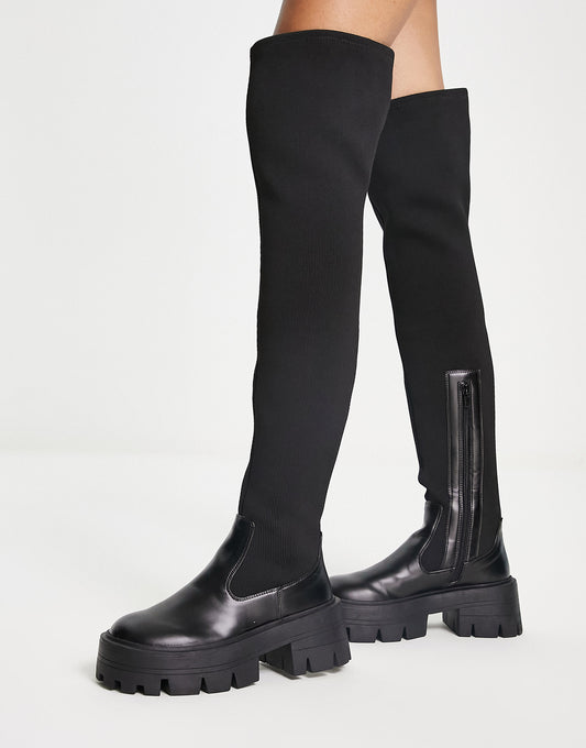 ASOS DESIGN Kellis chunky flat over the knee boots in black