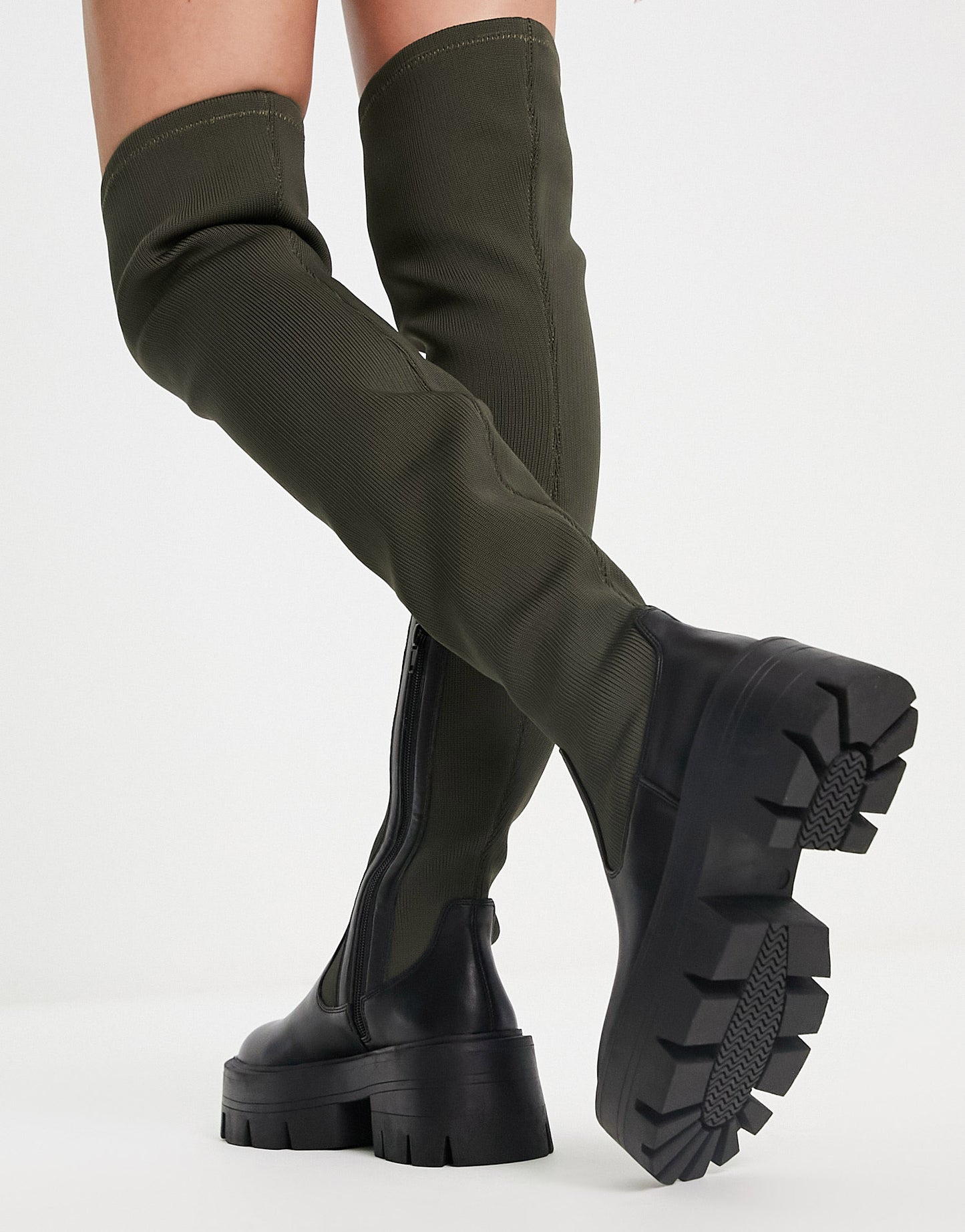 ASOS DESIGN Kellis chunky flat over the knee boots in black and khaki