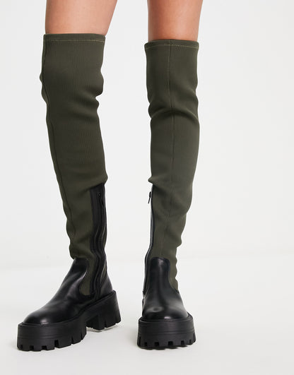 ASOS DESIGN Kellis chunky flat over the knee boots in black and khaki