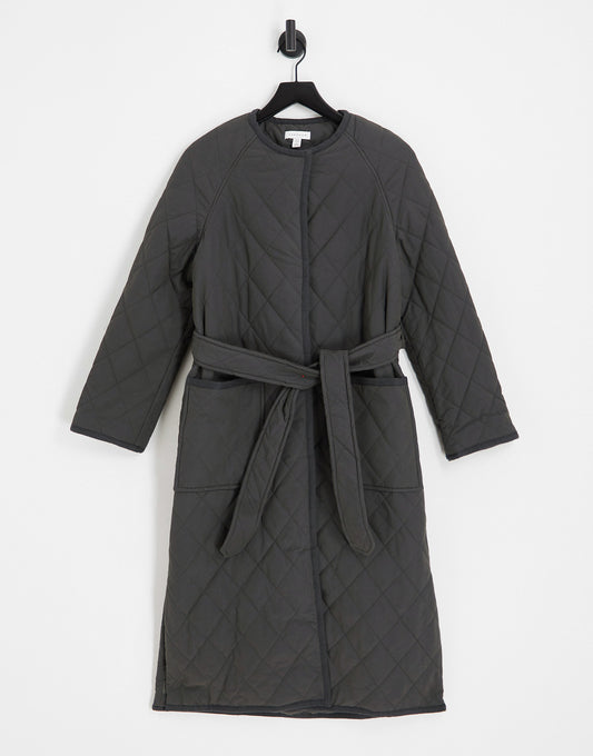 Topshop collarless quilted coat in charcoal