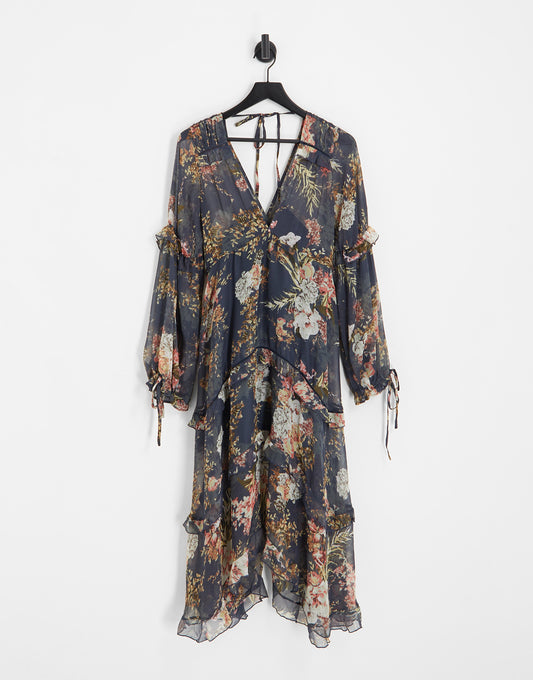 ASOS DESIGN pleated layered tiered midi dress in navy floral print with lace trim