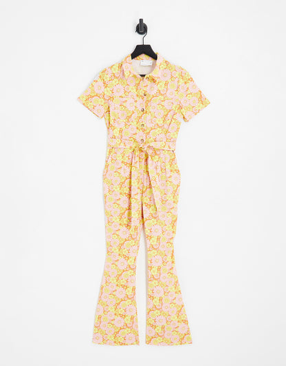 ASOS DESIGN twill 70s kickflare boilersuit in floral print