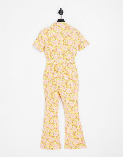 ASOS DESIGN twill 70s kickflare boilersuit in floral print