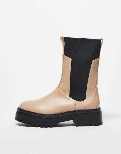 RAID Wide Fit Lizzo flat boots with contrast knit panel in beige