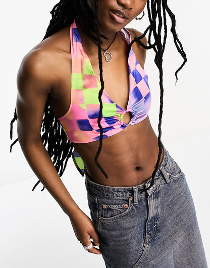 COLLUSION abstract festival  printed halter neck crop top with metal ring detail in multi