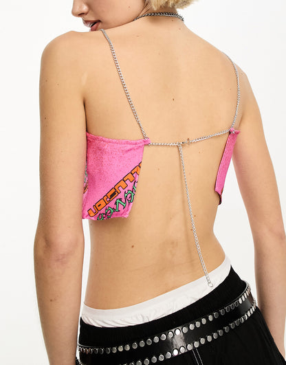 COLLUSION chain detail logo printed crop top in pink