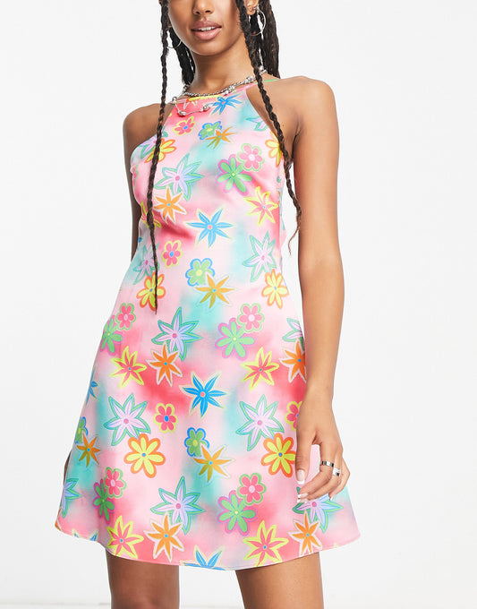 COLLUSION floral print chain strap detail mini dress in pink