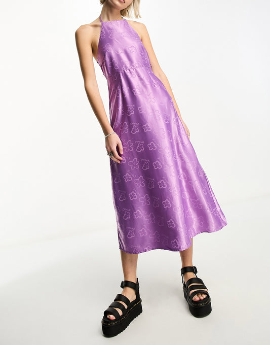 COLLUSION halterneck floral jacquard midi dress in purple