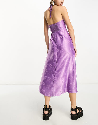 COLLUSION halterneck floral jacquard midi dress in purple