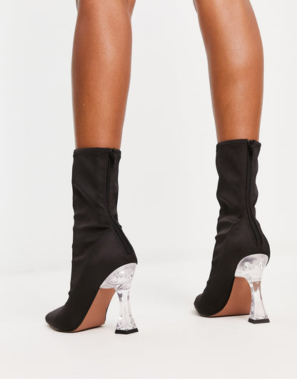 ASOS DESIGN Enterprise heeled sock boots in black with clear heel