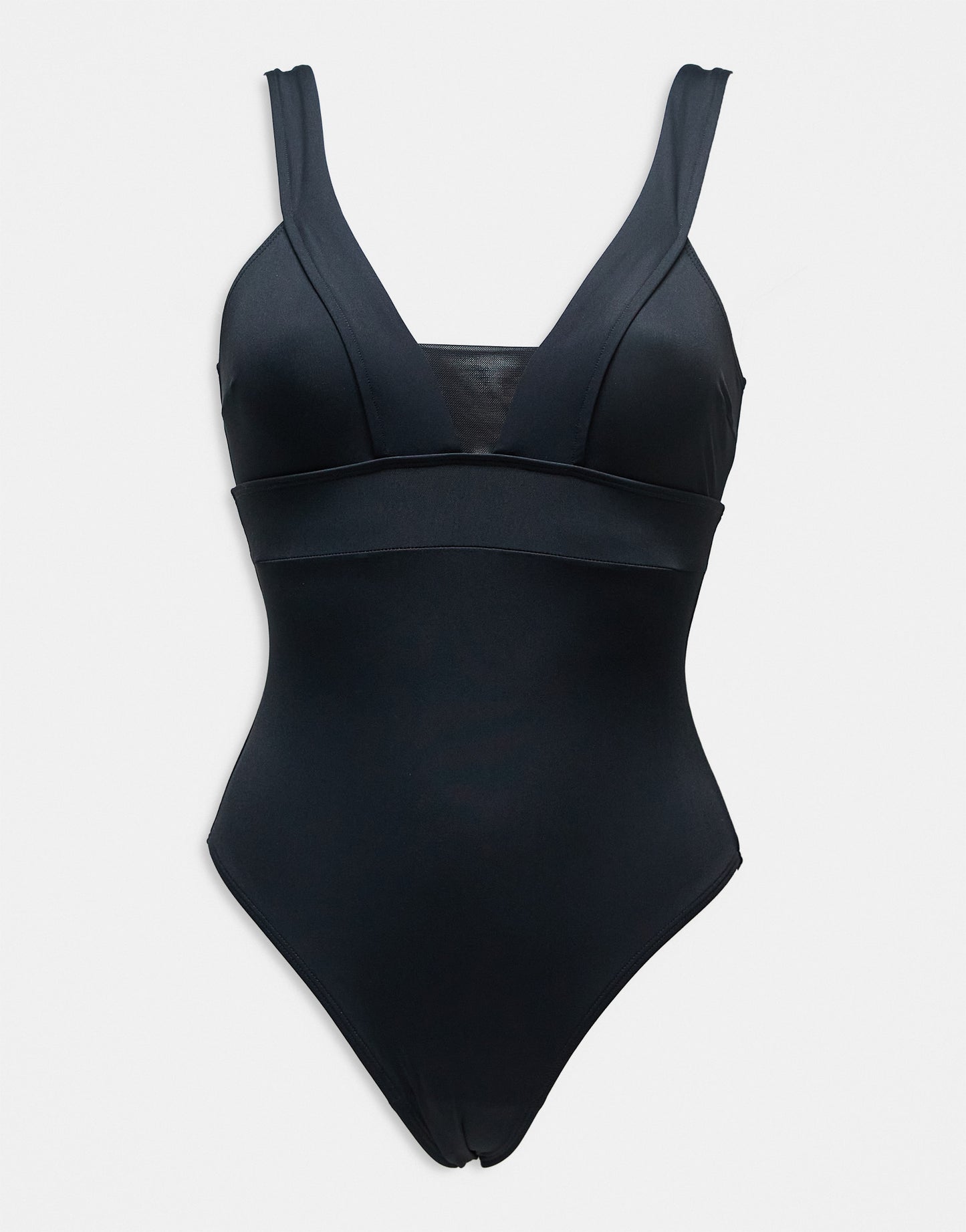 Accessorize plunge front with mesh insert swimsuit in black