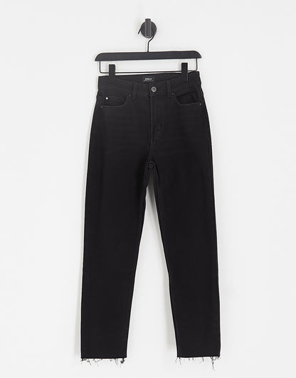 ONLY Emily high waisted straight leg jeans with raw hem in black