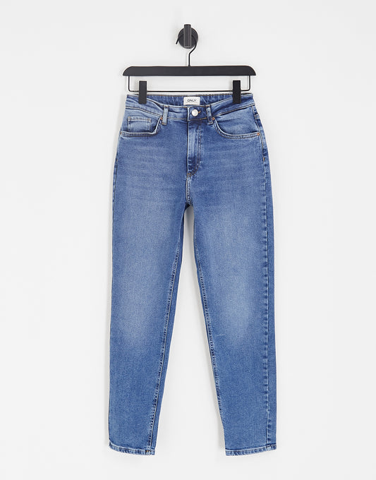 Only Veneda high waisted mom jeans in mid blue