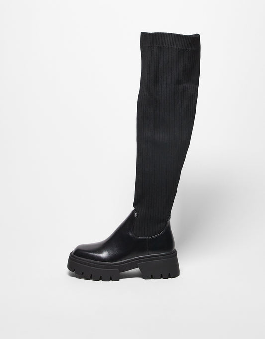 Simmi London Wide Fit Reign knitted over the knee second skin boots in black