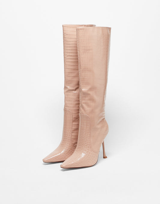 Simmi London Mariam stiletto heel knee boots in beige croc