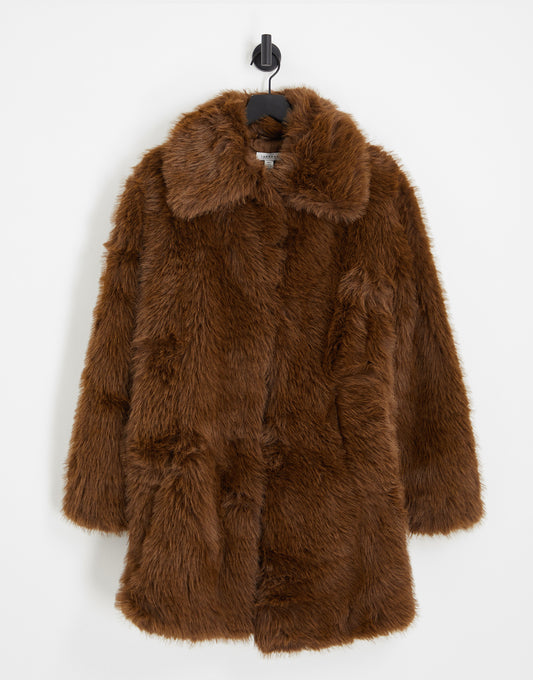 Topshop Tall oversized faux fur coat in chocolate