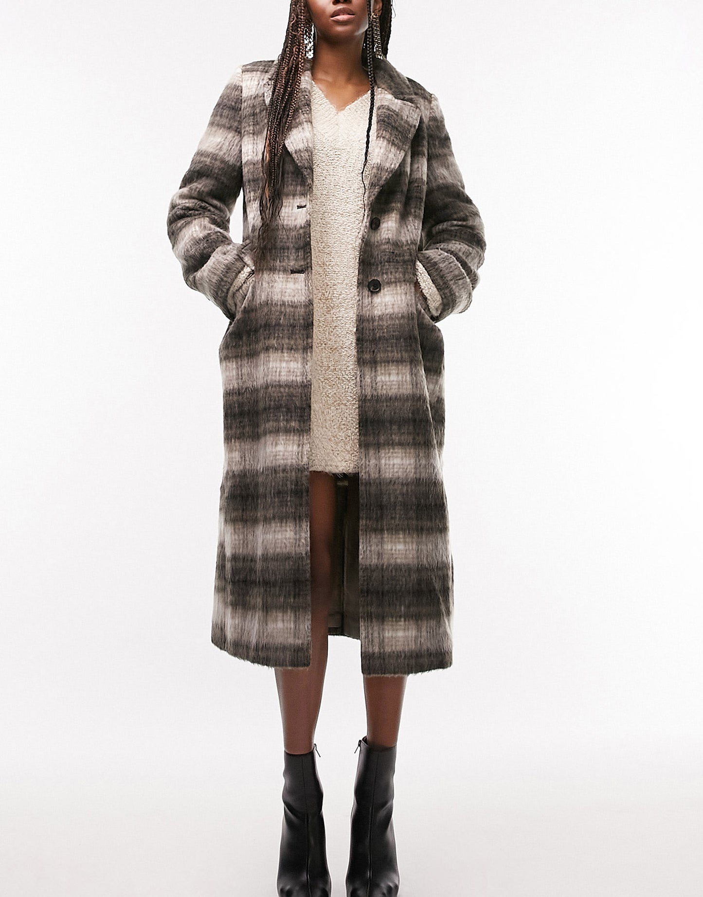 Topshop Tall smart brushed loose check coat in brown