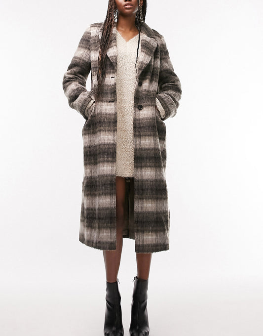 Topshop Tall smart brushed loose check coat in brown