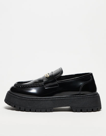 ASOS DESIGN chunky loafers in black faux leather with gold snaffle