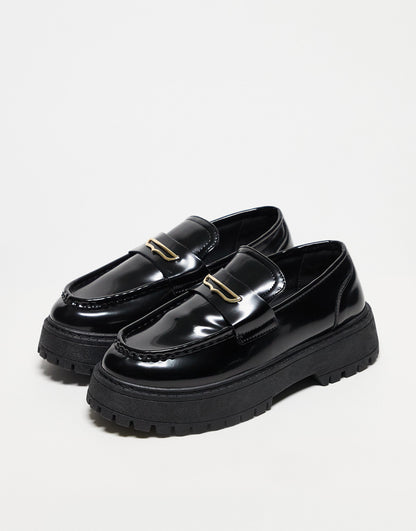 ASOS DESIGN chunky loafers in black faux leather with gold snaffle