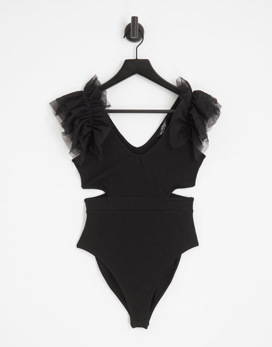 Miss Selfridge organza ruffle cut out bodysuit  in black