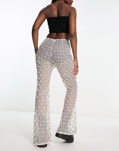 ASOS DESIGN diamante mesh flare trouser in beige