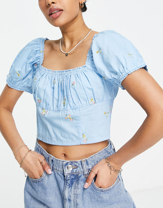 Miss Selfridge Petite embroidered gathered crop top in blue