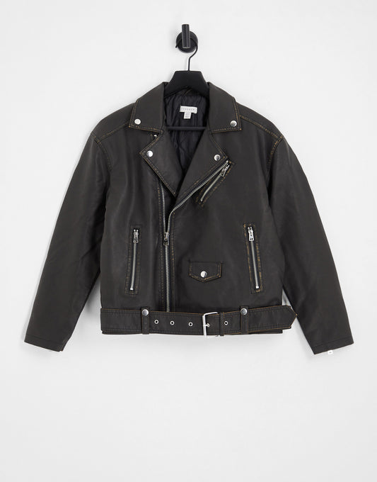 Topshop faux leather oversized biker jacket in washed brown