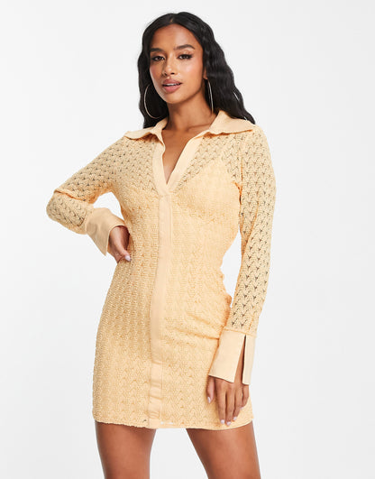 ASOS DESIGN Petite broderie backless mini shirt dress in apricot