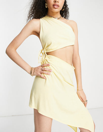 ASYOU cut out ruched split midi dress in yellow