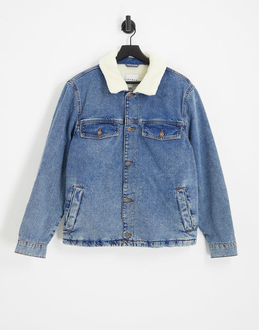 Topman borg collar denim jacket in mid wash blue