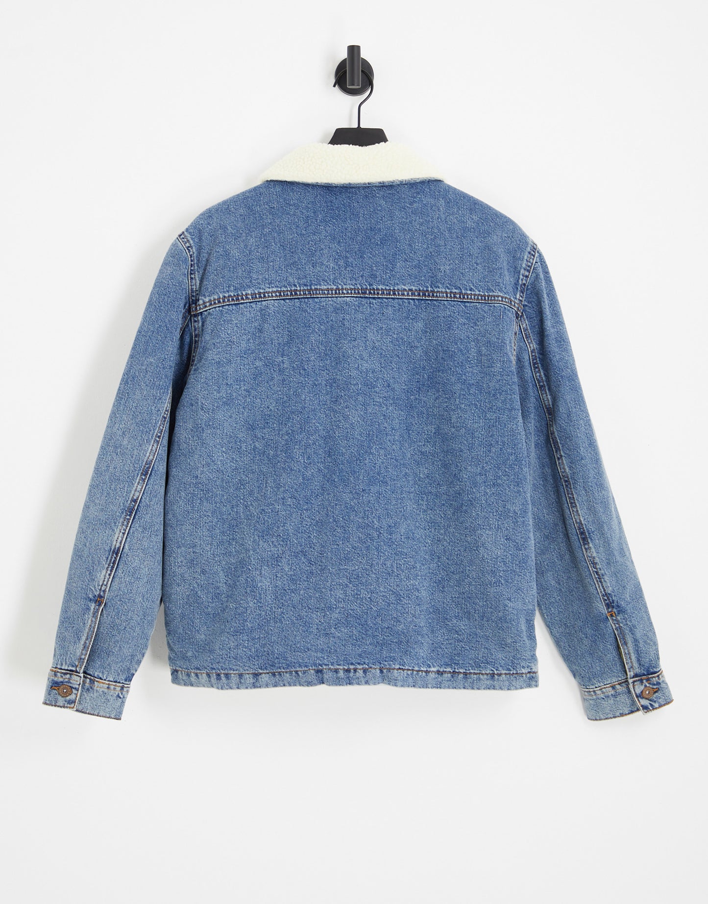 Topman borg collar denim jacket in mid wash blue