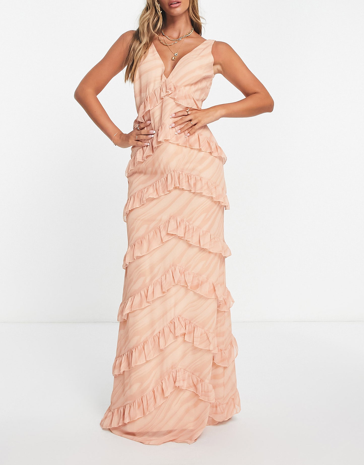 Pretty Lavish tiered ruffle midaxi dress in orange terracotta stripe