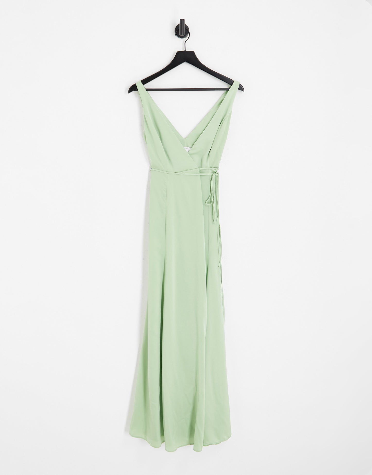 ASOS DESIGN Bridesmaid satin wrap maxi dress with tie detail in sage