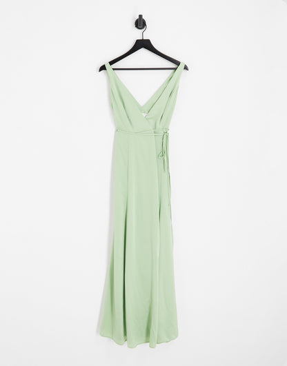 ASOS DESIGN Bridesmaid satin wrap maxi dress with tie detail in sage