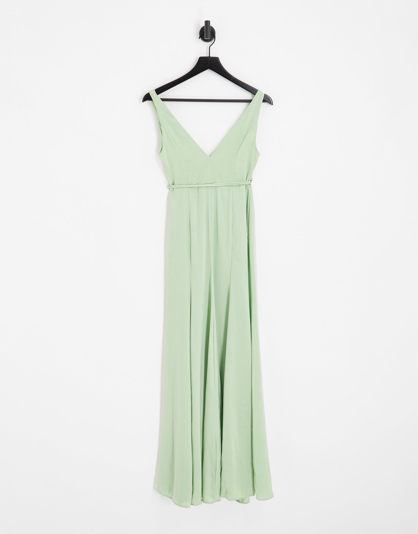 ASOS DESIGN Bridesmaid satin wrap maxi dress with tie detail in sage