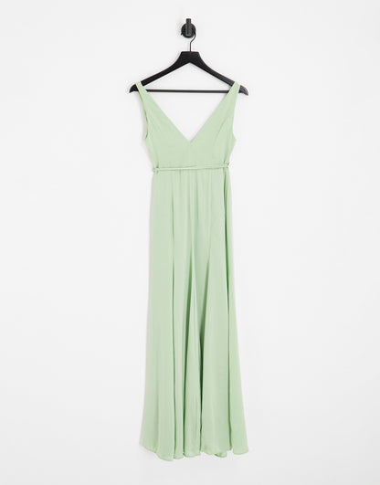 ASOS DESIGN Bridesmaid satin wrap maxi dress with tie detail in sage