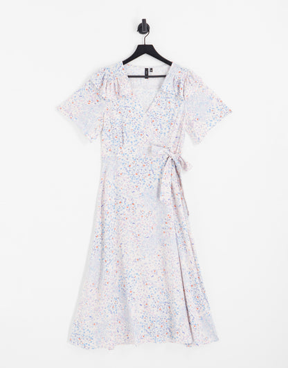 Y.A.S frill detail wrap midi dress in pink & blue print