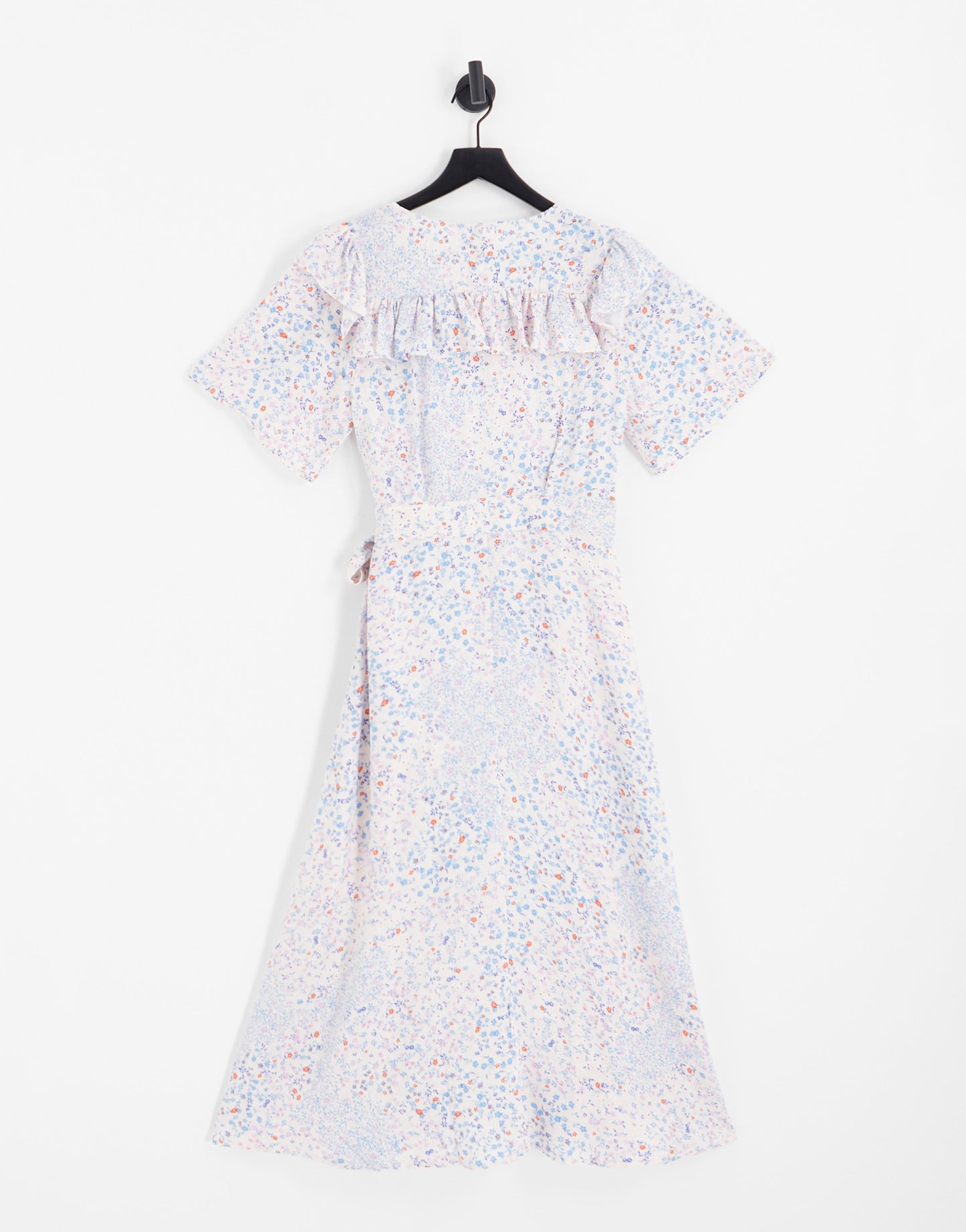 Y.A.S frill detail wrap midi dress in pink & blue print